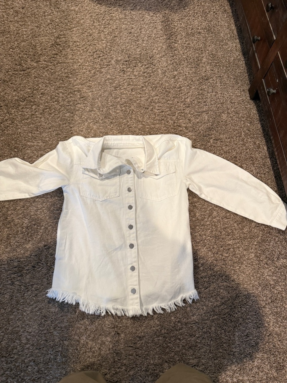 White Button-Up Denim Shirt with Frayed Hem